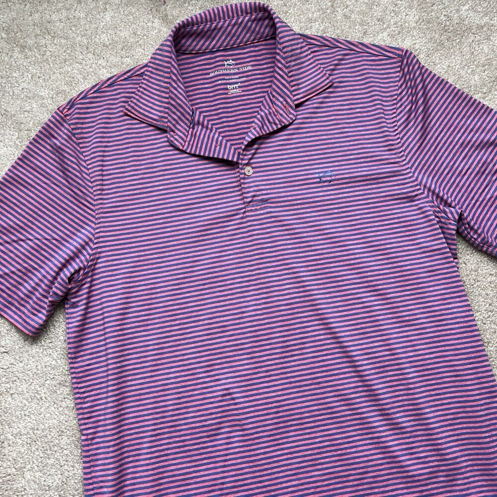 Southern Tide Polo Shirt Mens Medium Brrr Golf Performance Striped Pink Blue